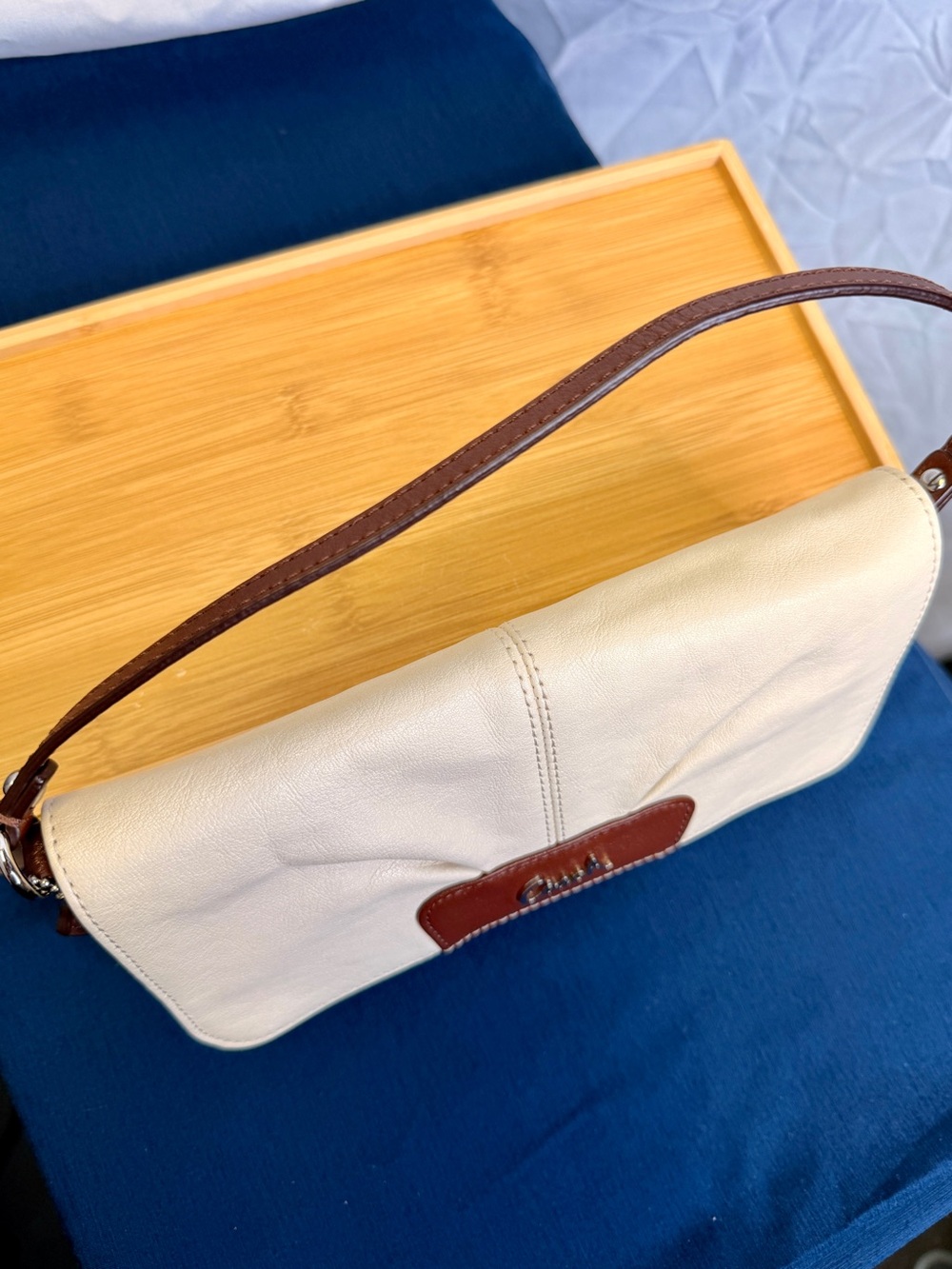 COACH Chalk Ivory Cream Brown Pleated Leather Baguette Demi Shoulder Bag - Picture 5 of 10